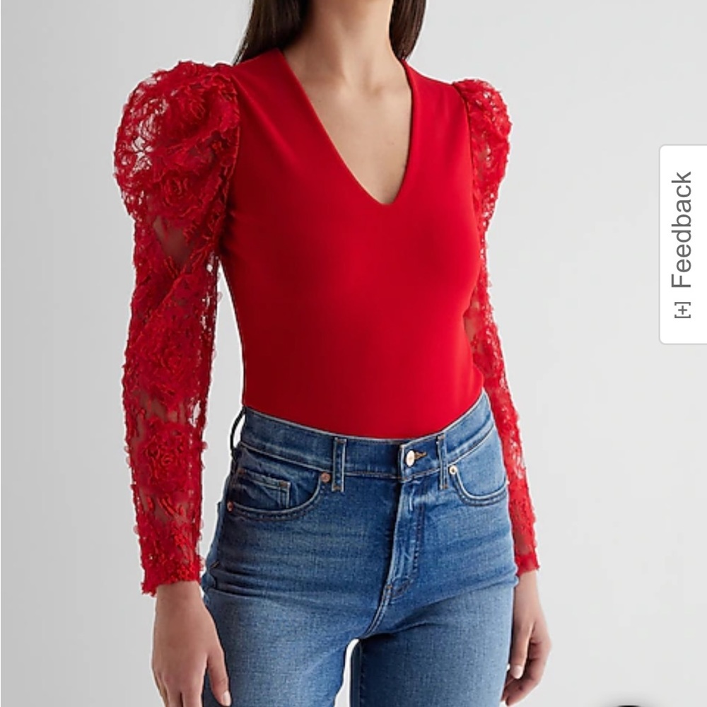 Express red bodysuit lace puff sleeve